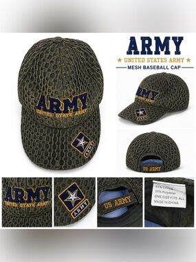 US Army Mesh Camo Baseball Cap Adjustable One Size Olive Green Military Hat